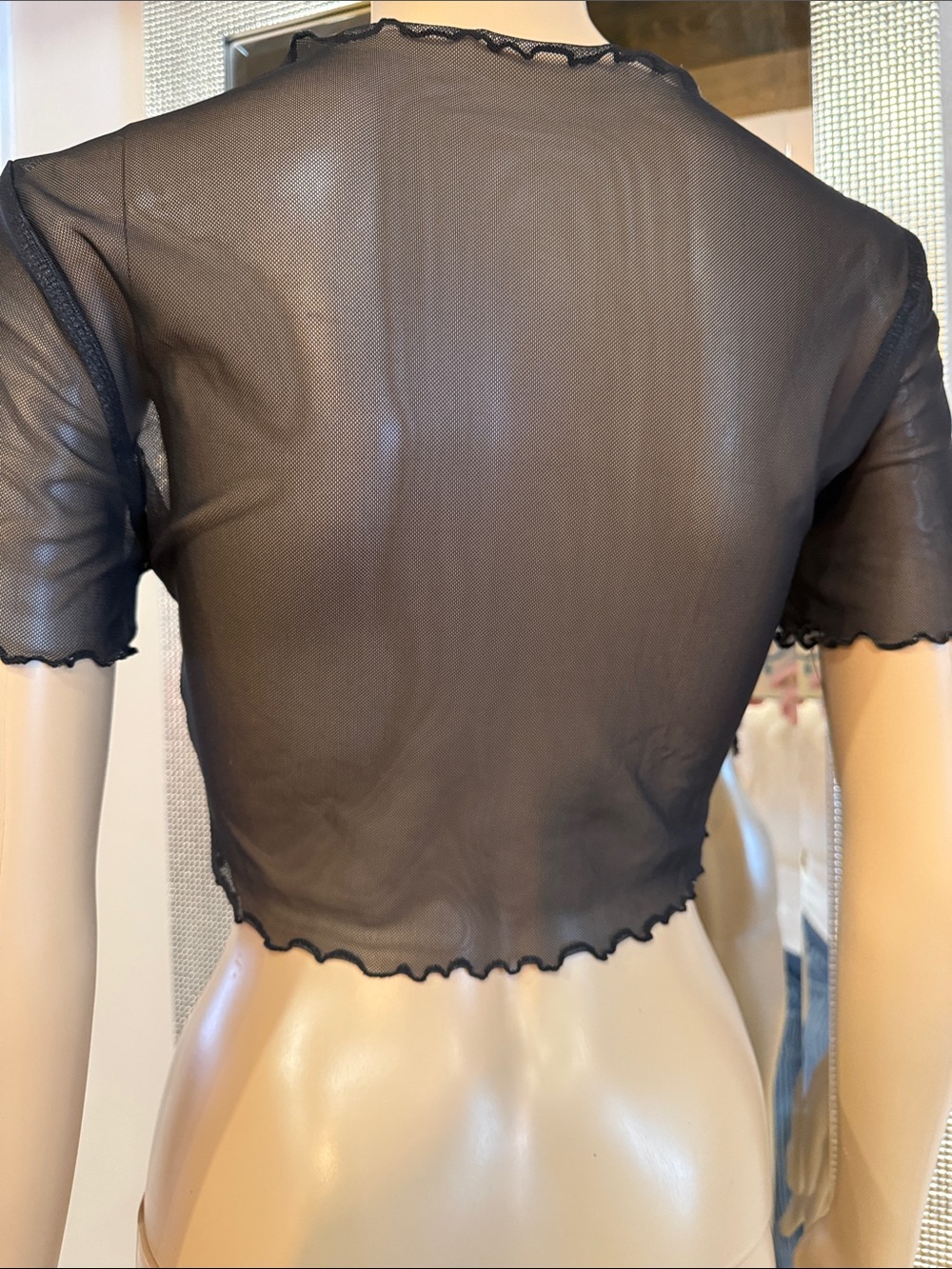 Black Mesh Graphic Crop Top with Vintage Portrait - Picture 8 of 10
